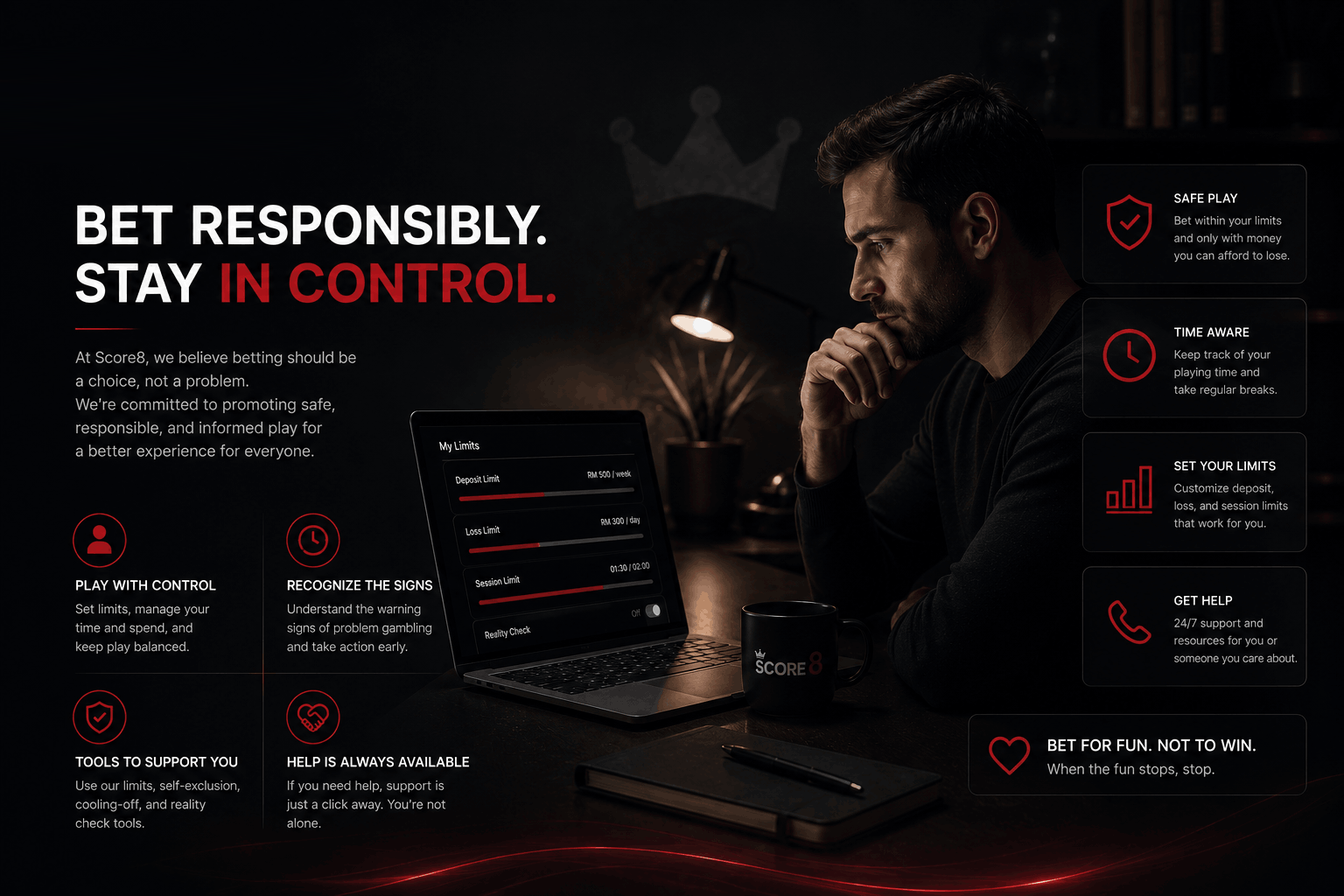Illustration of a person reviewing personal betting limits alongside responsible-play guidance icons
